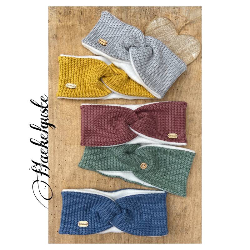 Damen Strick + Fleece Stirnband 5 Farben Knotenstirnband Gestrickt Haarband Ohrenwärmer Turban Grau Senfgelb Rose Blau Grün Warmes von Haekelguste