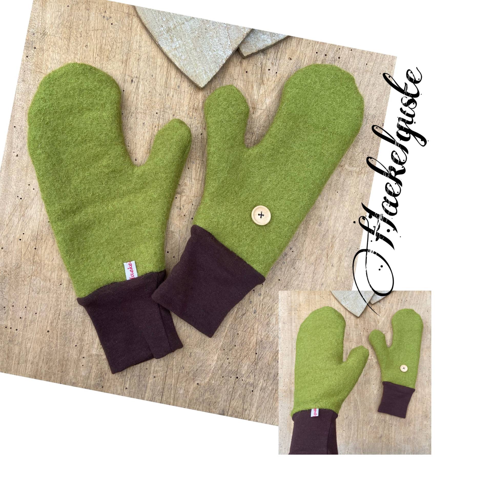 Damen Wollwalk Handschuhe Fäustlinge Grün Wolle Naturwolle Schurwolle Waldkindergarten von Haekelguste