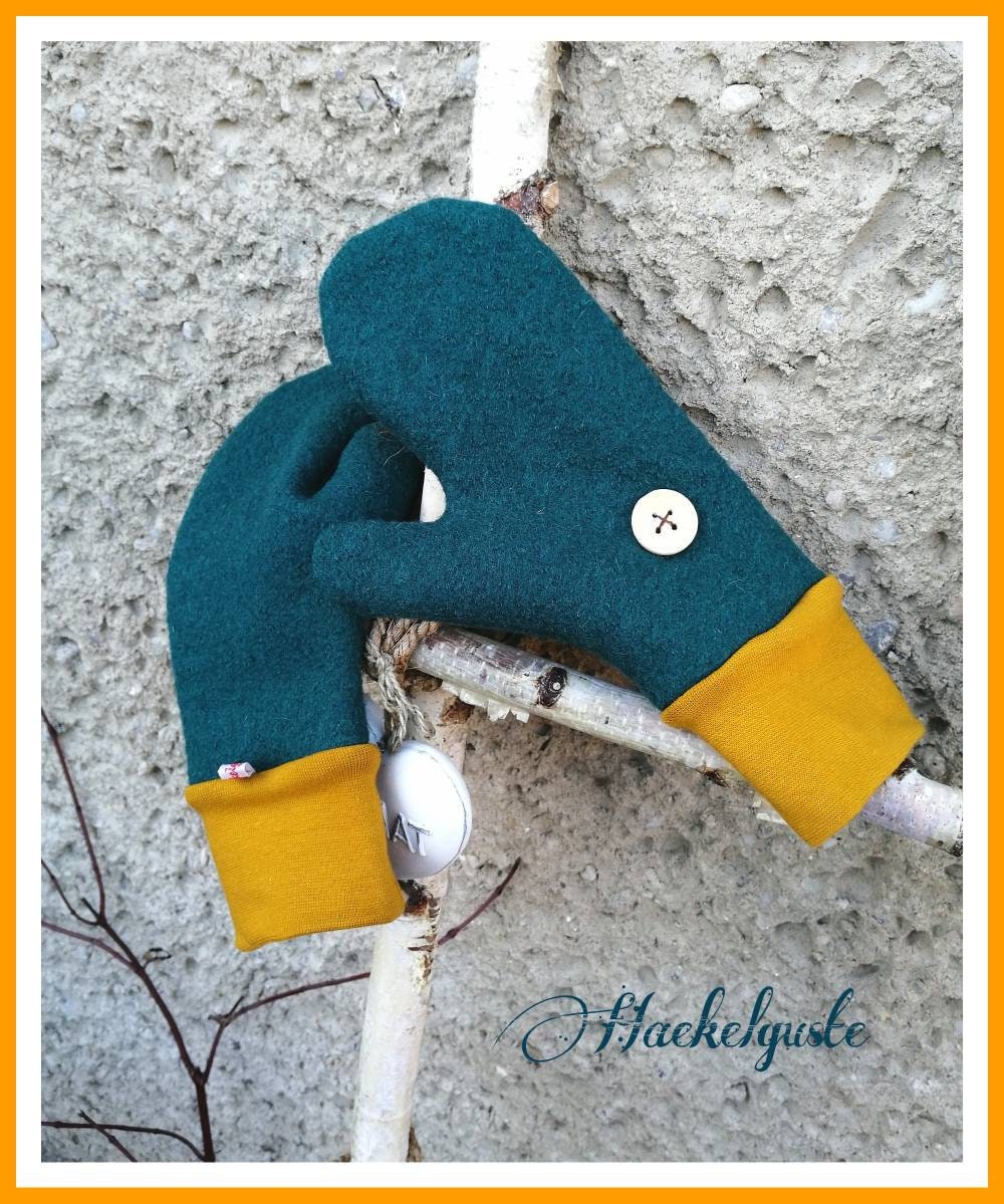 Damen Wollwalk Handschuhe Fäustlinge Petrol Schurwolle Naturwolle Nachhaltig Geschenk Freundin Frau Oma Mama von Haekelguste