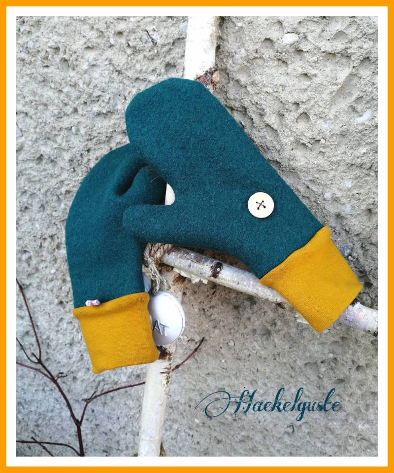 Damen Wollwalk Handschuhe Fäustlinge Petrol Schurwolle Naturwolle Nachhaltig Geschenk Freundin Frau Oma Mama von Haekelguste