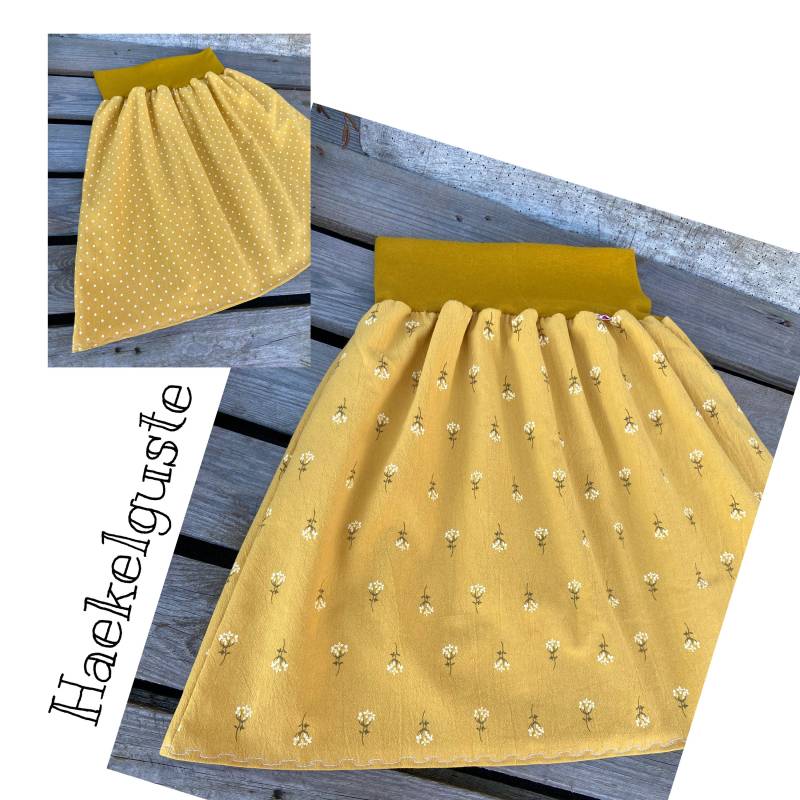 Damen & Mädchen Wende-Rock Curvy Haekelguste Blumen Punkte Okker Baumwollrock Hüftrock Taillienrock von Haekelguste