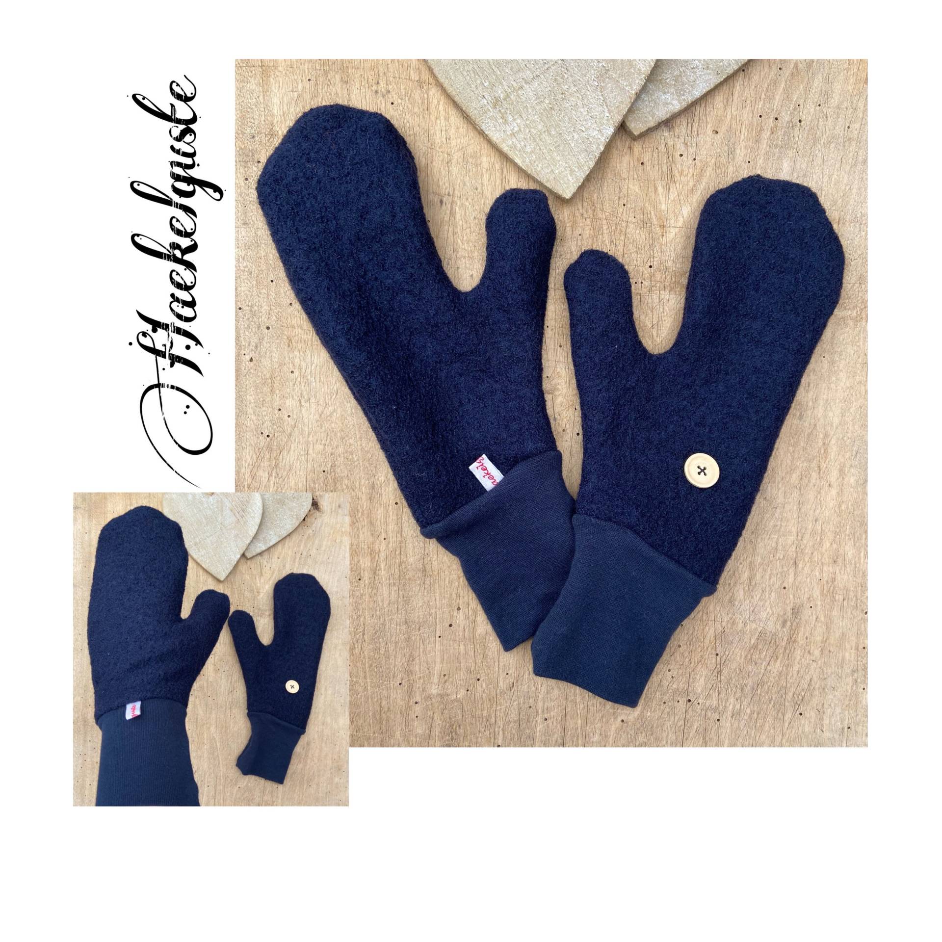 Dunkelblaue Wollwalk Damen Handschuhe Fäustlinge Fausthandschuhe Gefüttert Geschenk Freundin Frau Holzknopf Wolle Walk von Haekelguste