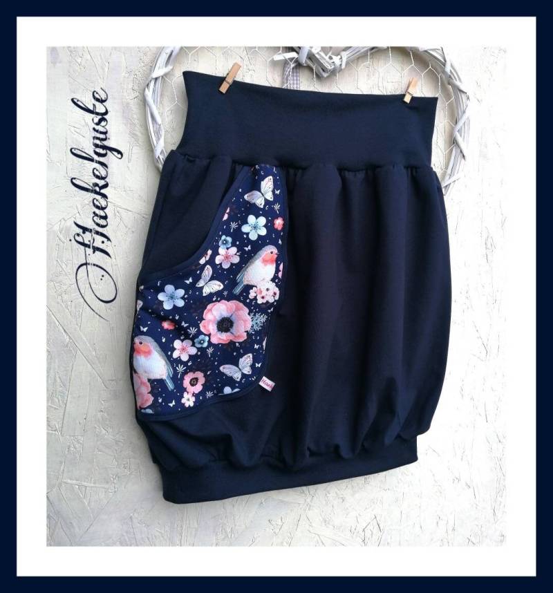 Dunkelblauer Ballonrock Damen Rock Mit Tasche Vogel Rotkehlchen Hüftrock von Haekelguste