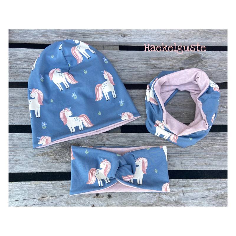 Einhorn Stirnband Beanie Loop Pferd Mädchen Mütze Übergang Gefüttert Glitzer Blau von Haekelguste