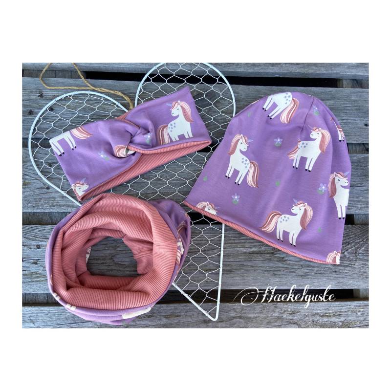 Einhorn Stirnband Beanie Loop Pferd Mädchen Mütze Übergang Gefüttert Glitzer Lila von Haekelguste