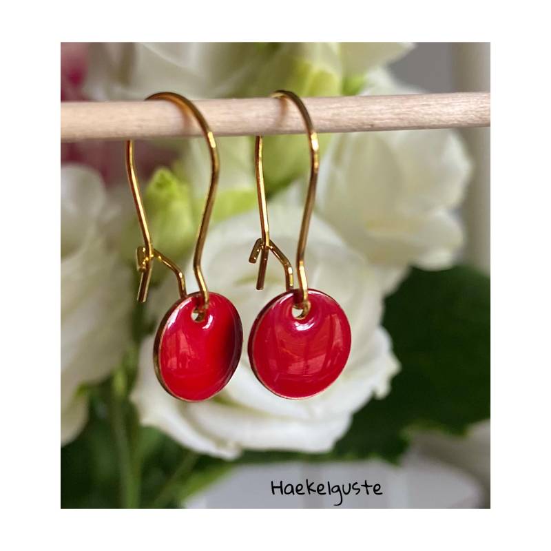 Emaille Ohrhänger Plättchen Rot Ohrringe Kirschrot Knallrot Ohrschmuck von Haekelguste