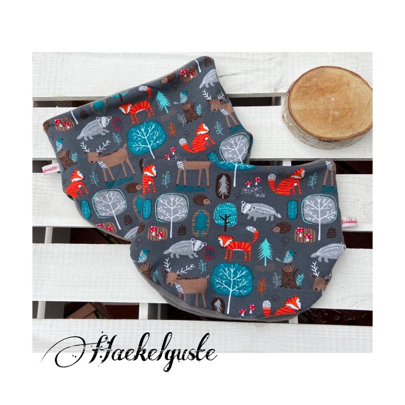 Fleece Halssocke " Waldtiere Loop Gefüttert Schlupfloop Fuchs Reh Kinder Schal Tuch Grau von Haekelguste