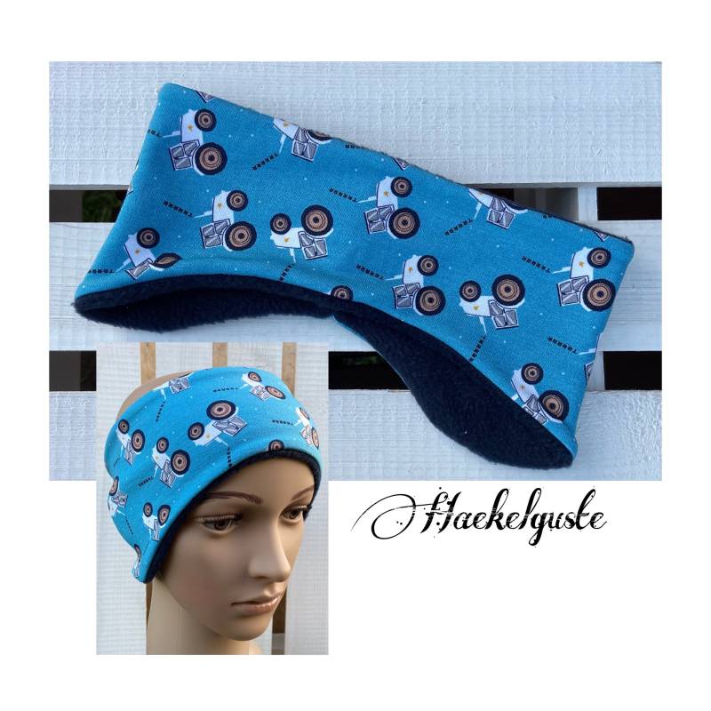 Fleece " Traktor Stirnband Kinder Jungen Warmes Ohrenwärmer Blau Trekker Landleben Bauer Dorfkind von Haekelguste