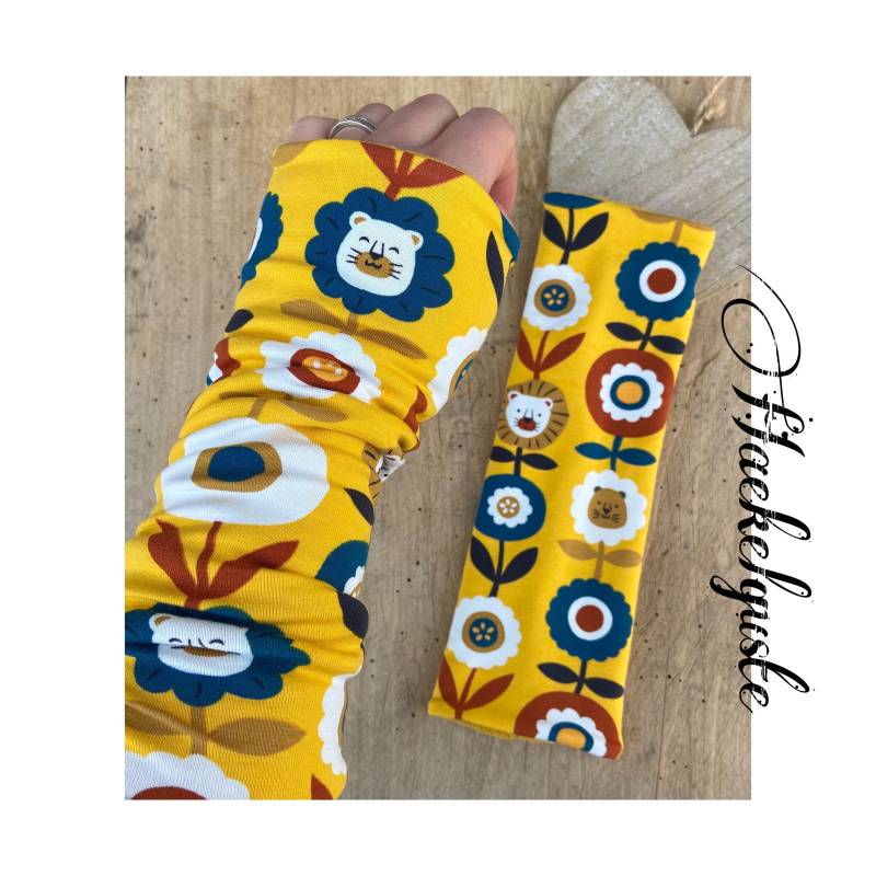 Gefütterte Armstulpen Fleece " Löwe Gelb , Damen Stulpen von Haekelguste