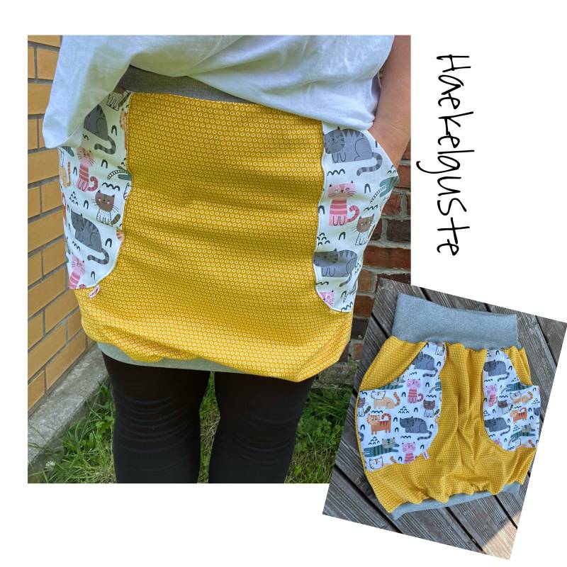 Gelber Pünktchen "Katzen" Ballonrock Rock Punkte Damen Hüftrock Cat Mit Taschen Gelb von Haekelguste