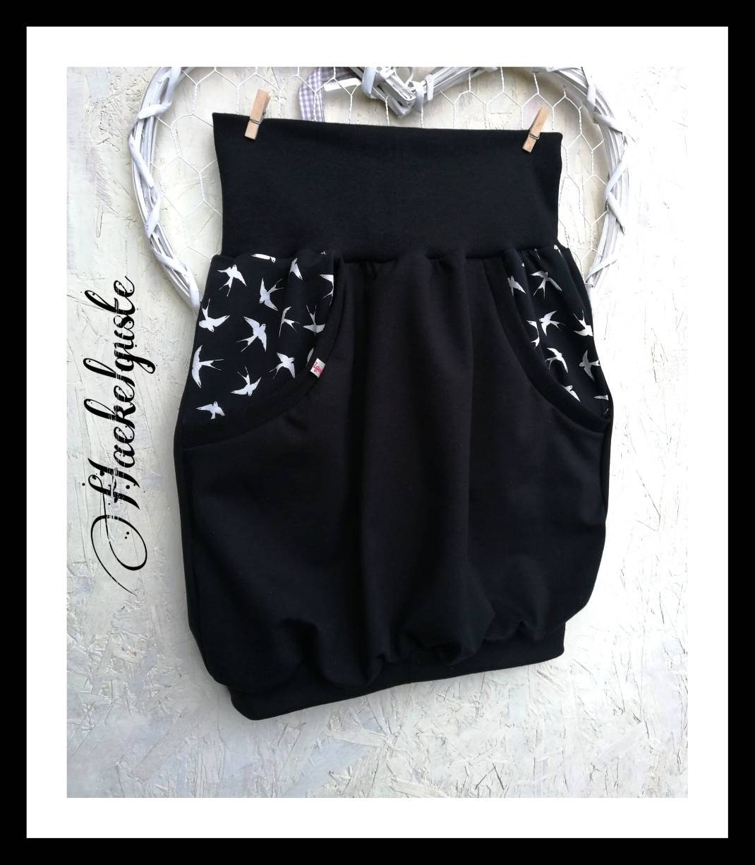 Gr. 36-38 Schwarzer Ballonrock "Schwalbe" Jersey Damen Rock Mit Taschen Vogel von Haekelguste