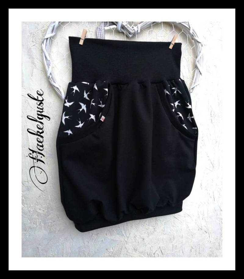 Gr. 36-38 Schwarzer Ballonrock "Schwalbe" Jersey Damen Rock Mit Taschen Vogel von Haekelguste