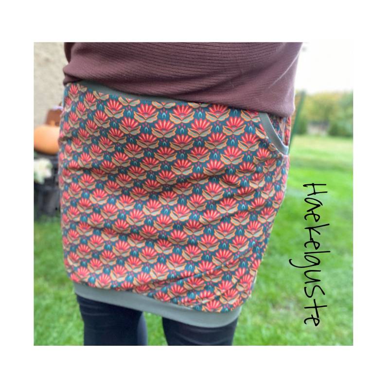 Gr. 46 Ballonrock Retro Blumen Jersey Damen Rock Mit Taschen Hüftrock Khaki Oliv von Haekelguste