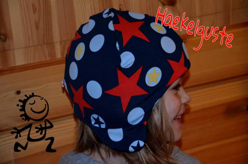 Gr. 48-50 Fleece Mütze Kinder Kleinkind Gefüttert Ohrenmütze Dunkelblau Stern Unisex Junge Zipfelmütze von Haekelguste