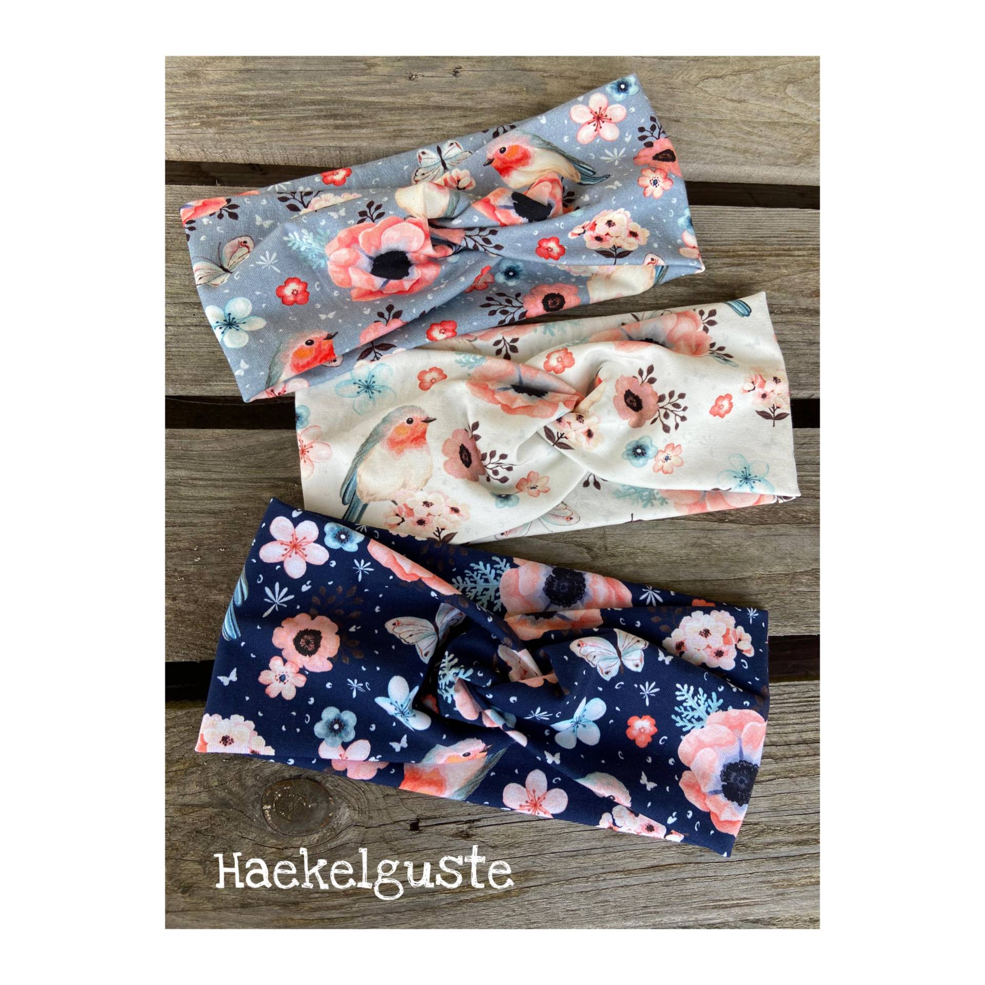 Gr. 52-54 - 3 Haarbänder Im Set Mädchen Knotenstirnband Vogel Blau Creme Grau Turban Haedband von Haekelguste