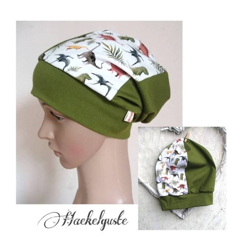 Gr. 54-56 Mütze Dino Beanie Kinder Mit Bündchen Grün Khaki Jungen Übergang Leichte Unter Helm von Haekelguste