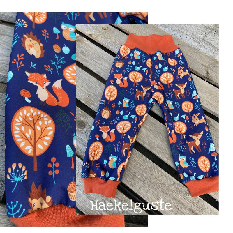 Gr. 74 - 140 Softshell Hose " Waldtiere Matschhose Buddelhose Überhose Outdoor Pants Gefütterte Unisex Waldkindergarten Warme von Haekelguste