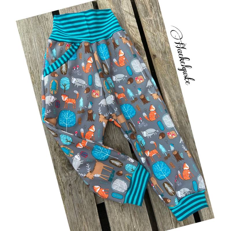 Gr. 74 - 140 Softshell Hose " Waldtiere Matschhose Buddelhose Überhose Outdoor Pants Gefütterte Unisex Waldkindergarten Warme von Haekelguste