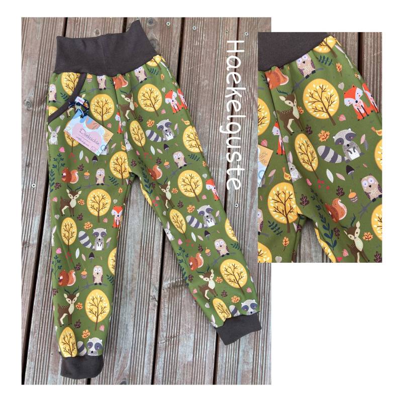 Gr. 74 - 140 Softshell Hose " Waldtiere Matschhose Buddelhose Überhose Outdoor Pants Gefütterte Unisex Waldkindergarten Warme von Haekelguste
