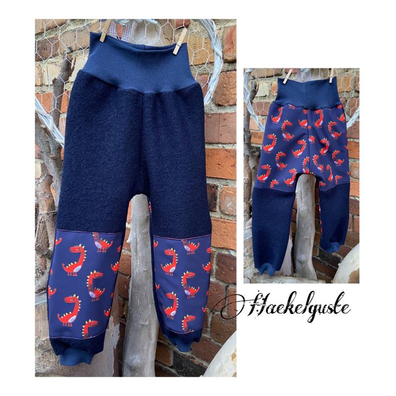 Gr. 74 - 152 Wollwalk Hose Mit Besatz Knie Po Aus Softshell Überhose Outdoor Pants Gefütterte Unisex Waldkindergarten Warme Drache von Haekelguste