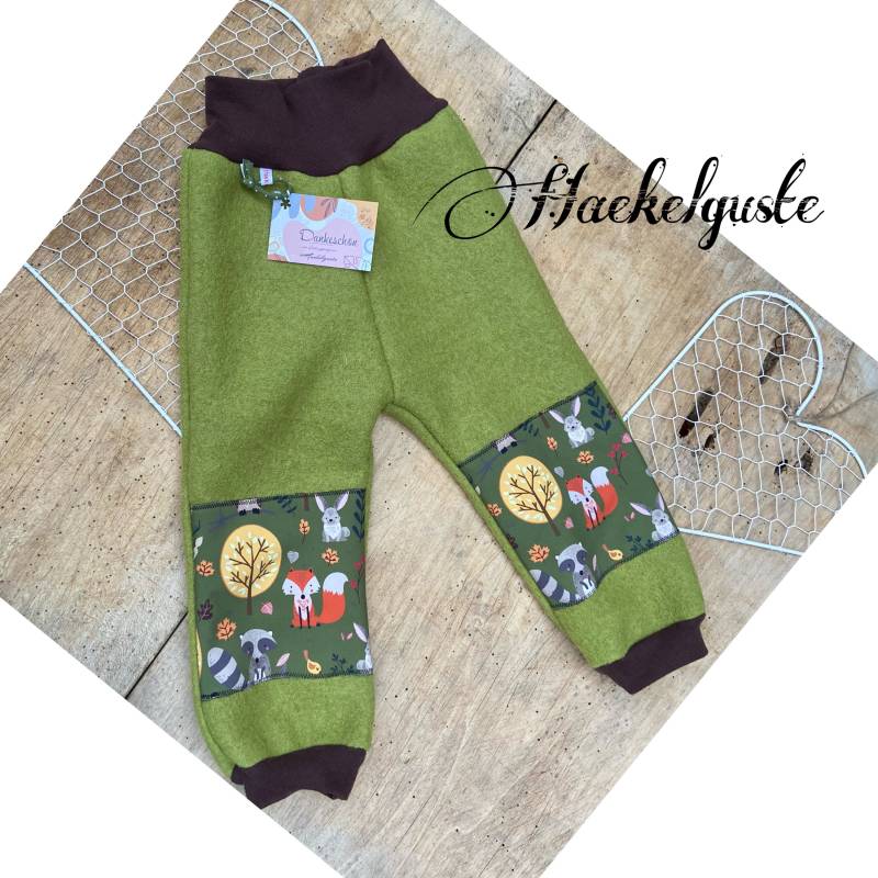 Gr. 74 - 152 Wollwalk Hose Mit Po Besatz Aus Softshell Überhose Outdoor Pants Gefütterte Unisex Waldkindergarten Warme Fuchs Igel von Haekelguste