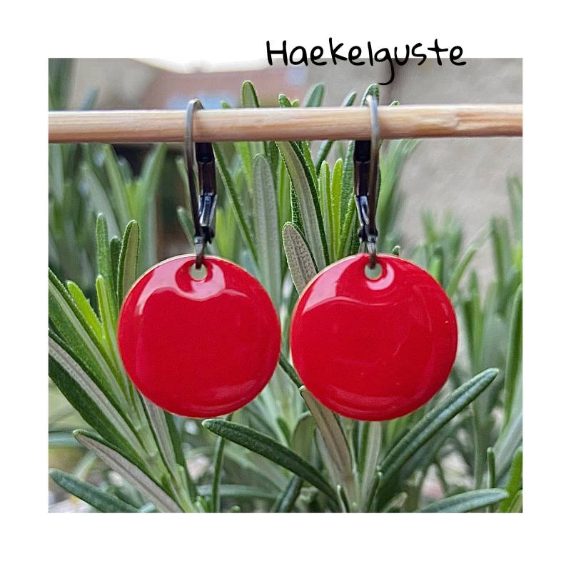 Große 16 Mm Emaille Ohrhänger Plättchen Rot Ohrringe Kirschrot Knallrot Ohrschmuck von Haekelguste