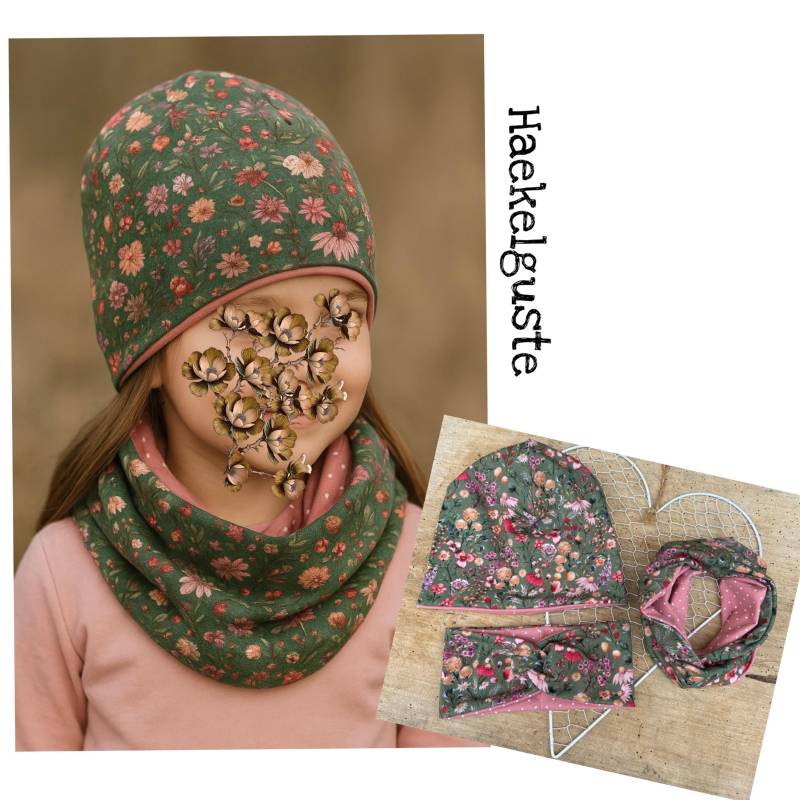 Grünes Stirnband Beanie Loop Blätter Gräser Mütze Set Übergang Gefüttert Aprikose Punkte von Haekelguste