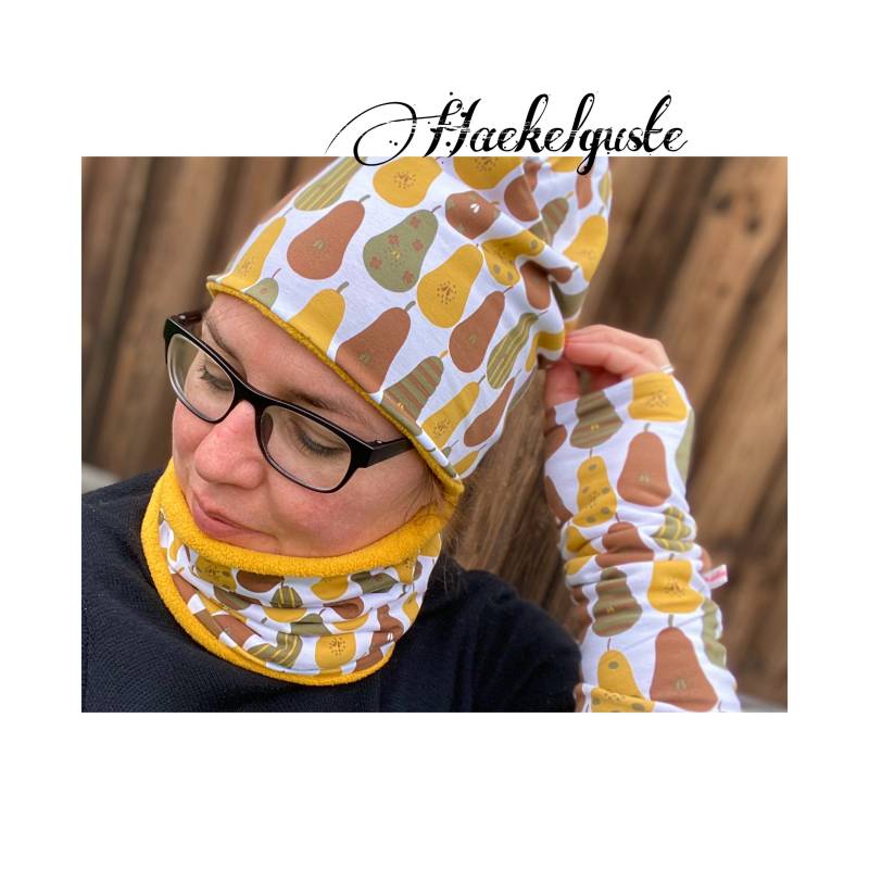 Jersey Fleece " Birne Mütze O. Loop Damen Retro Früchte Senfgelb Ocker Braun Grün Gefüttert Übergang Longbeanie von Haekelguste