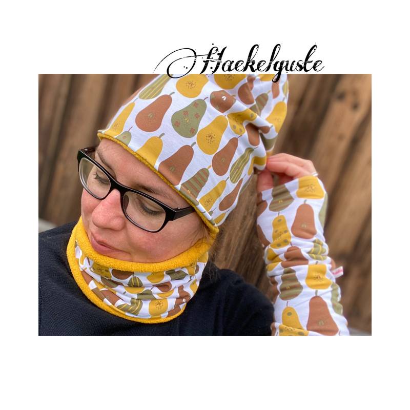 Jersey Fleece " Birne Mütze O. Loop Damen Retro Früchte Senfgelb Ocker Braun Grün Gefüttert Übergang Longbeanie von Haekelguste