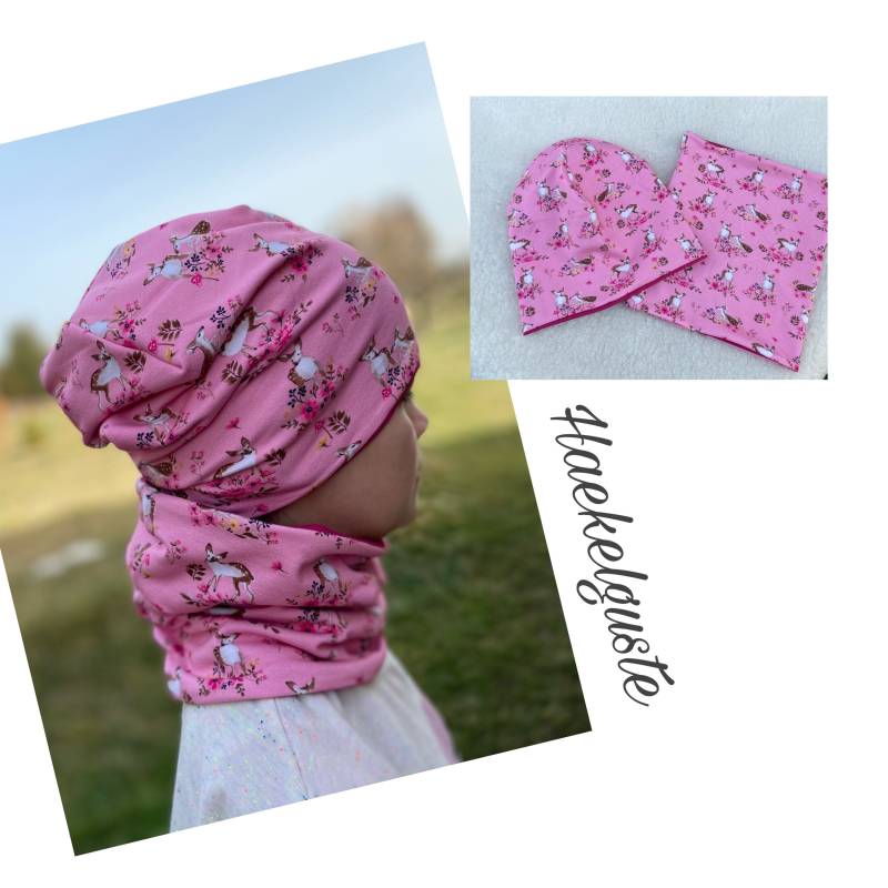 Jersey Fleece " Reh Beanie+ Loop Mädchen Mütze Waldtiere Rosa Gefüttert 2 Lagig Übergang von Haekelguste