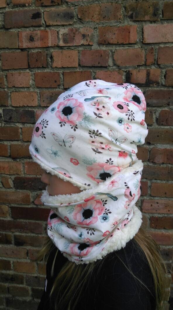 Jersey O. Fleece Beanie " Rotkehlchen Loop Mädchen Mütze Gefüttert Winter Übergang Herbst Creme Rosa Weiß von Haekelguste