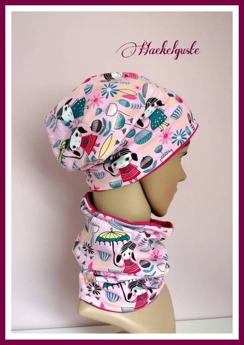 Jersey O. Fleece Beanie Schlupfloop Mädchen Kinder Mütze Rosa Bunt Gefüttert 2 Lagig Übergang von Haekelguste