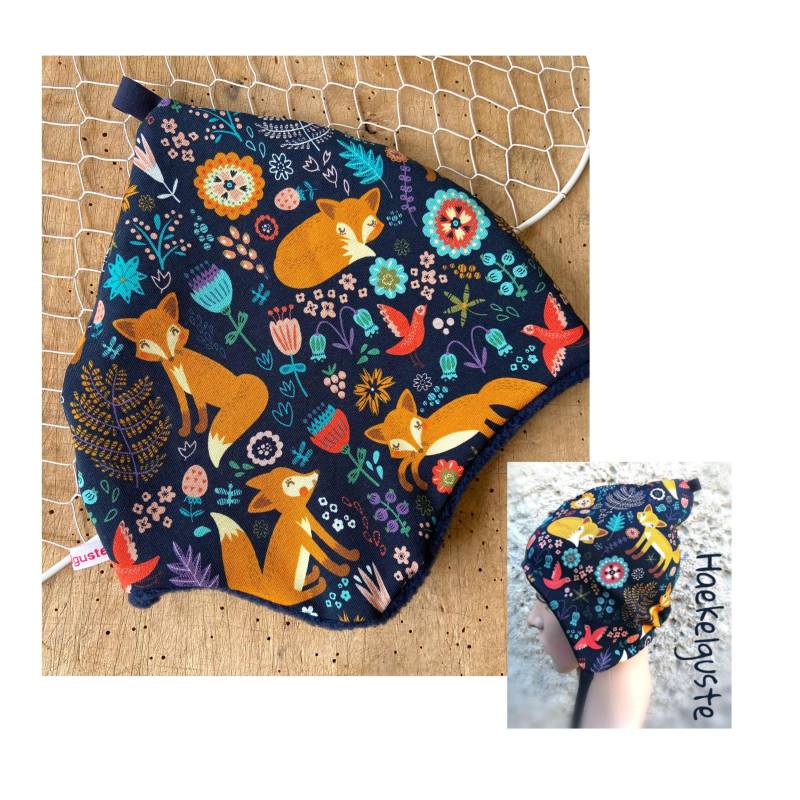 Jersey O. Fleece " Fuchs Mütze Zipfelmütze Waldtiere Gefüttert Unisex Dunkelblau Kindermütze Kleinkind von Haekelguste