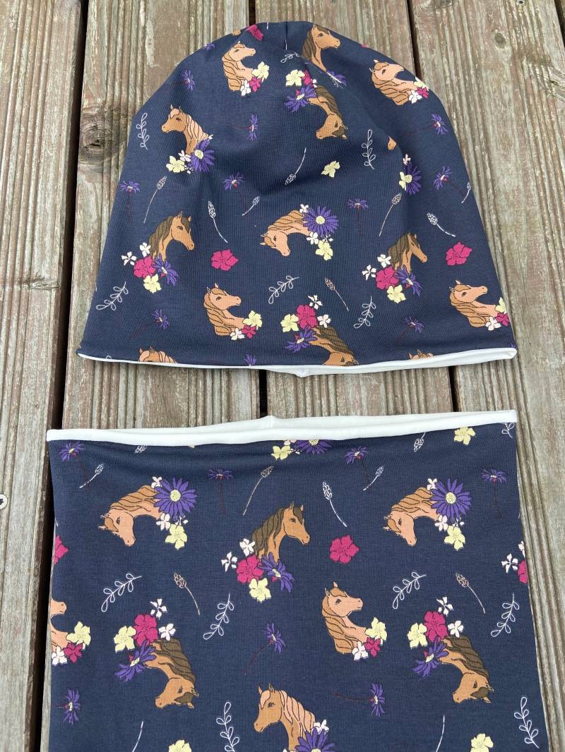 Jersey O. Fleece " Pferd" Beanie Loop Dunkelblau Mädchen Mütze Übergang Pferdefreunde Einhorn Pony von Haekelguste