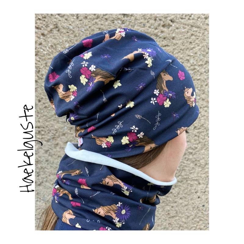 Jersey O. Fleece " Pferd" Beanie Loop Dunkelblau Mädchen Mütze Übergang Pferdefreunde Einhorn Pony von Haekelguste
