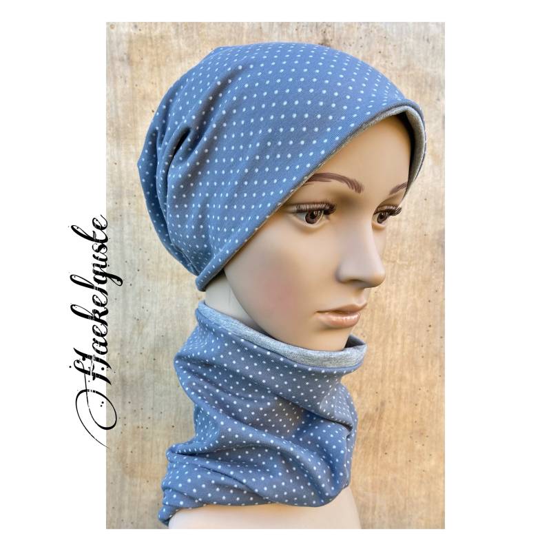 Jersey Oder Fleece Set " Pünktchen Kinder Mütze Beanie Grau Punkte Loop Schlupfloop Gefüttert Übergang von Haekelguste