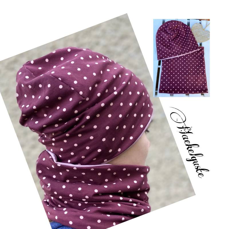 Jersey Oder Fleece Set " Pünktchen Mädchen Beere Rosa Punkte Übergang Mütze Beanie Loop Longbeanie Weinrot von Haekelguste