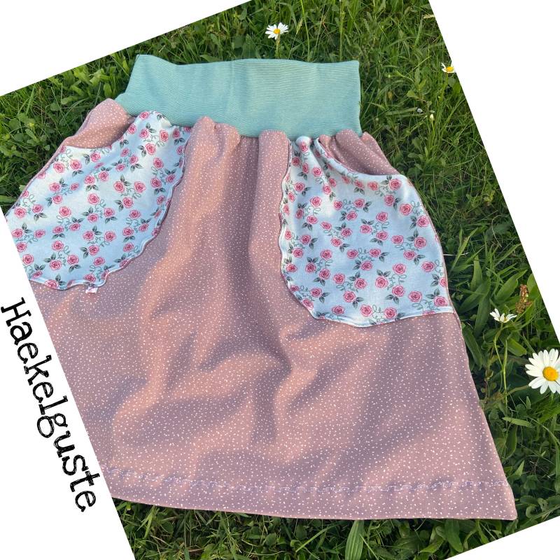 Knielang Bio Jersey Rock Damen A-Form Rosa Altrosa Rosen Mint Taillenrock Mit Taschen Curvy Woman von Haekelguste