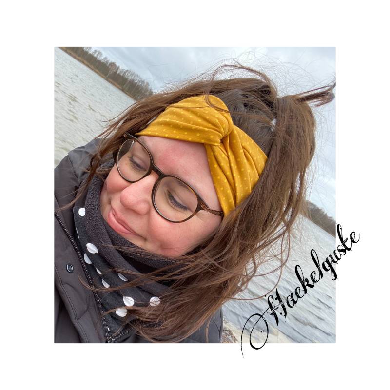 Knotenstirnband " Pünktchen Haarband Stirnband Breit Senfgelb Ocker Punkte Haedband Xxl Damen Frau Twist von Haekelguste