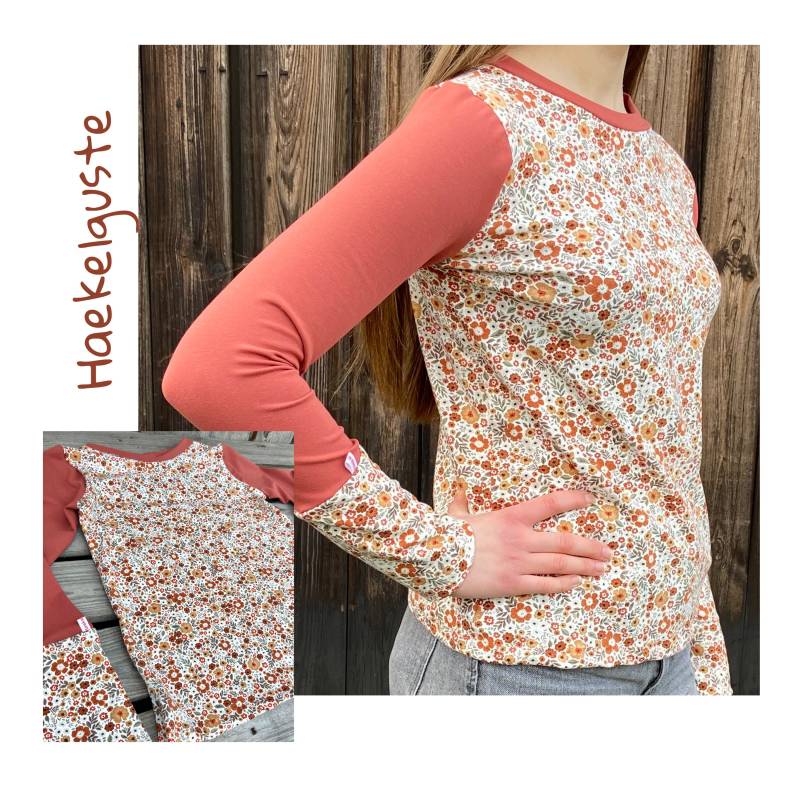 Langarmshirt Damen Retro Blumen Rost Miniblümchen Rostrot Rotbraun von Haekelguste