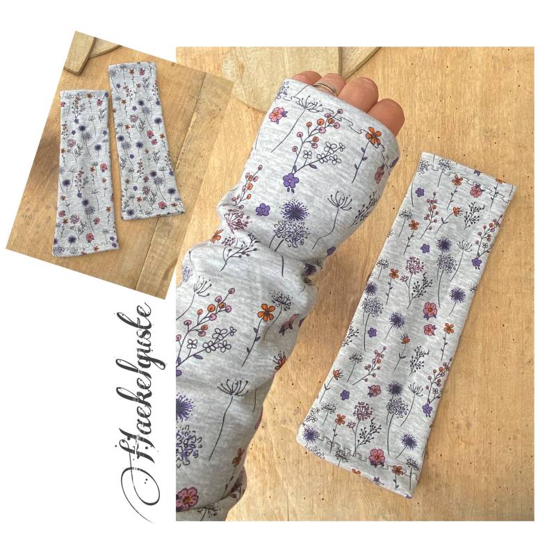 Lange Armstulpen Aus Alpenfleece Damen Stulpen Grau Blumen Gräser Gefüttert Fleece von Haekelguste