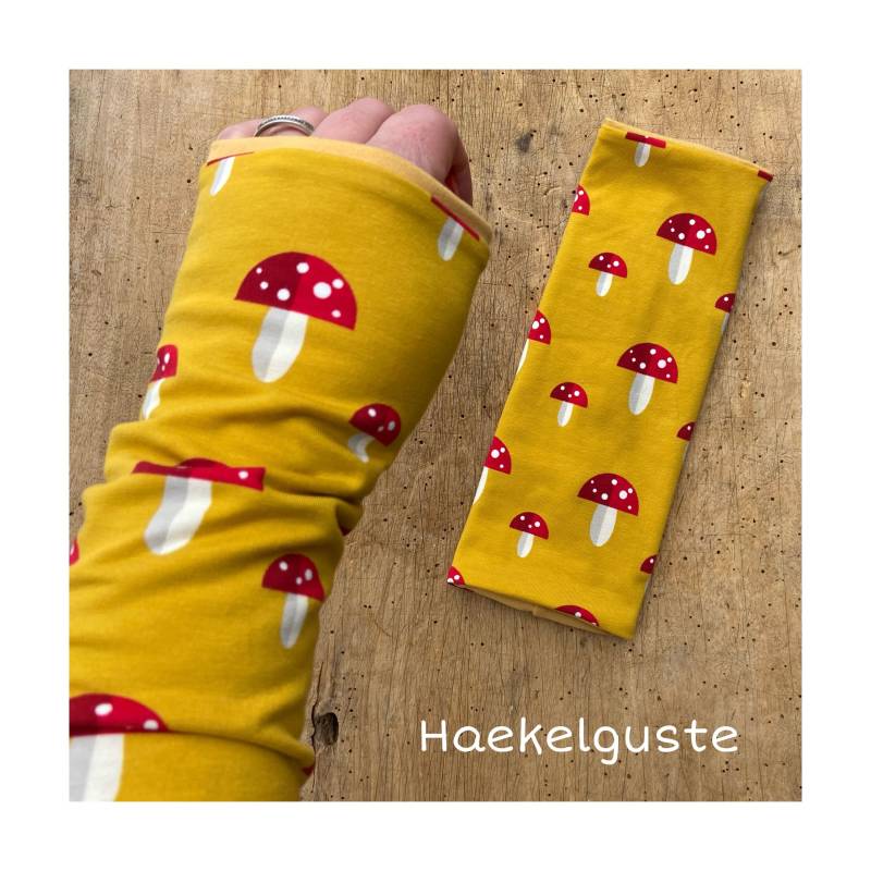 Lange " Pilz Armstulpen Damen Stulpen Ocker Senfgelb von Haekelguste