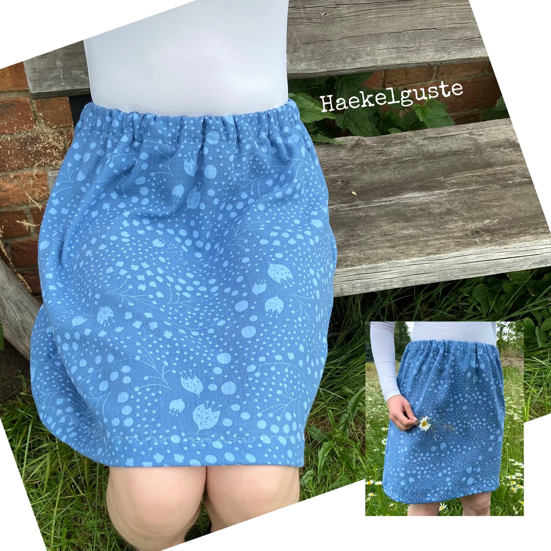 Lieblingsrock, Musselin, Sommerrock Aus Baumwolle, Blumen, Blau Lieblingsrock, Musselin, Sommerrock Aus Baumwolle, Blumen, Blau von Haekelguste