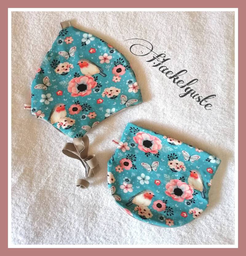 Mütze+Loop " Rotkehlchen Mädchen Mütze Vogel Türkis Halssocke Zipfelmütze Knotenmütze von Haekelguste