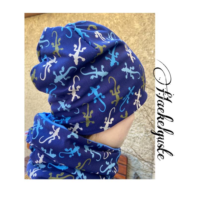 Mütze/Beanie Und Loop Set Jersey Kinder Junge Tiere Blau Gekko von Haekelguste