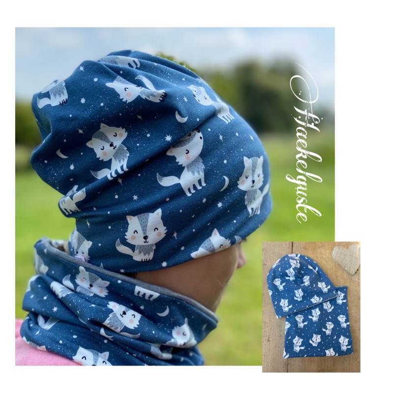 Mütze/Beanie Und Loop Set Jersey Kinder Junge Tiere Blau Wolf von Haekelguste