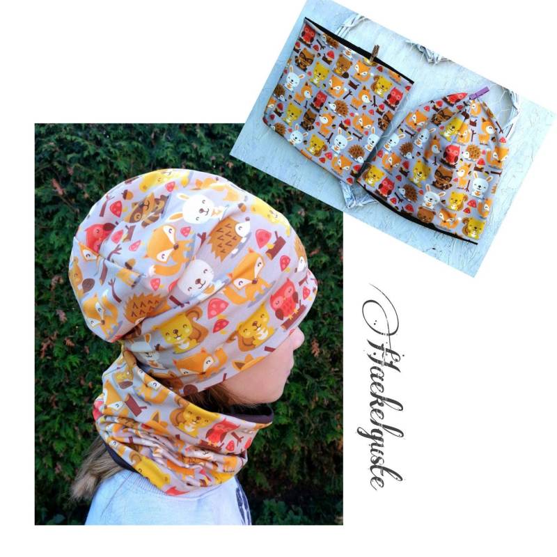 Mütze/Beanie Und Loop Set Jersey Kinder Junge Tiere Orange von Haekelguste