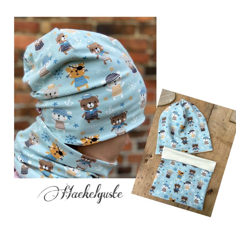 Mütze/Beanie Und Loop Set Jersey Kinder Junge Tiere Pirat von Haekelguste