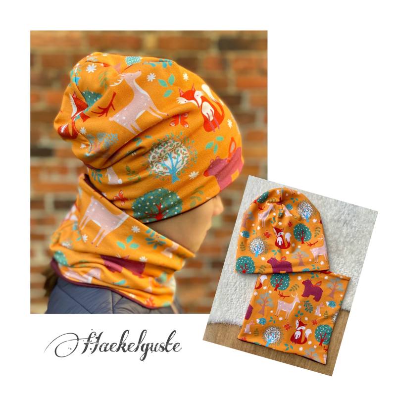Mütze/Loop Kinder Set , Fuchs Tiere Unisex Beanie Orange von Haekelguste