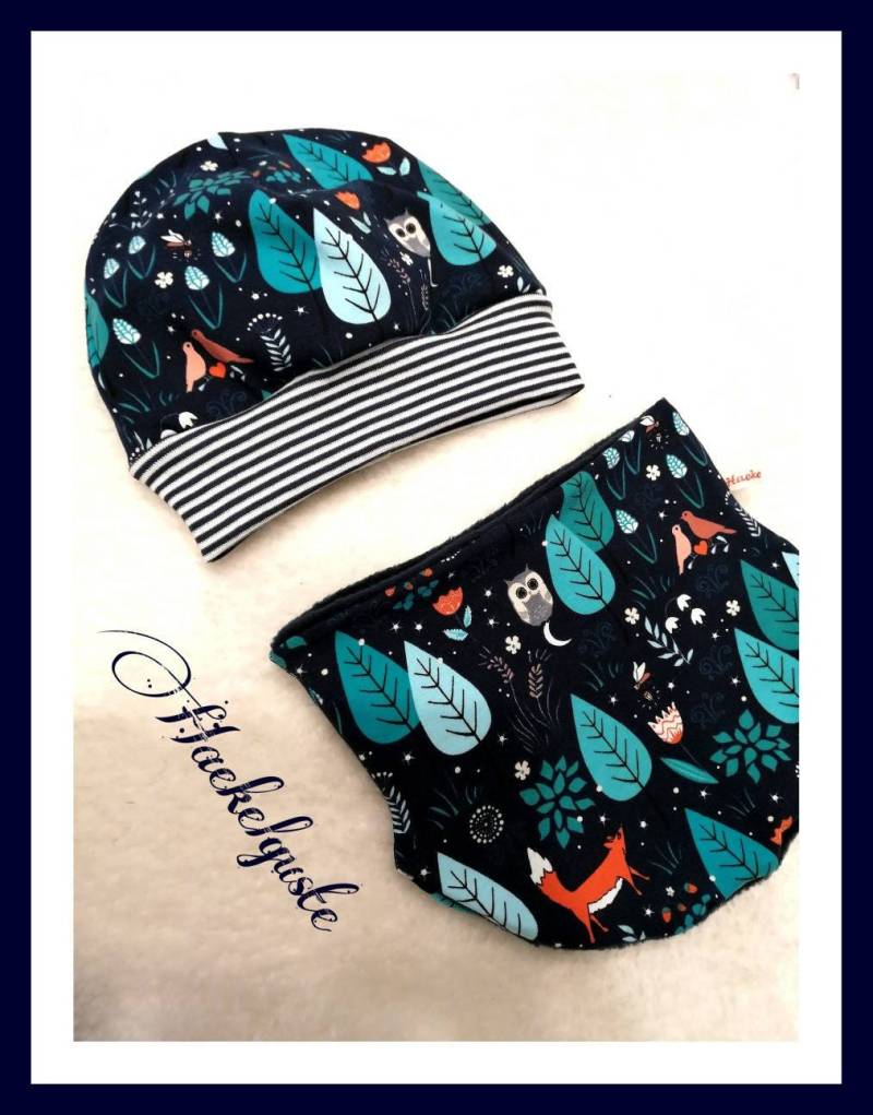 Mütze + Halssocke, Mit Bündchen, Set Tiere, Waldtiere Dunkelblau Beanie Loop Junge Mädchen von Haekelguste